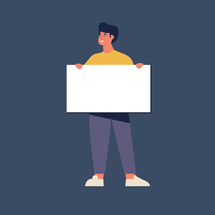Ilustración vectorial hombres jóvenes sonrientes sosteniendo pancartas limpias. Carácter de personas demostrando pancartas vacías.