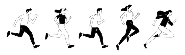 Ilustración vectorial de hombres y mujeres activos corriendo con un estilo de diseño de línea de moda
