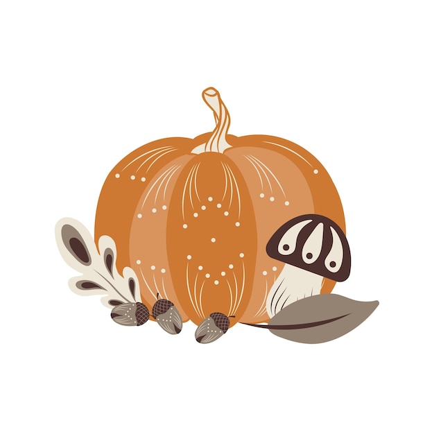 Ilustración vectorial de hongo de calabaza de otoño y bellota Esta composición de plantas de otoño es perfecta para la invitación de decoración del Día de Acción de Gracias o tarjeta de felicitación