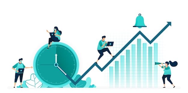 Ilustración vectorial de horarios y horarios para mejorar el desempeño de la empresa. los beneficios de la empresa aumentan en el gráfico. trabajadoras y trabajadores. diseñado para sitio web, web, página de destino, aplicaciones ui ux, folleto de póster