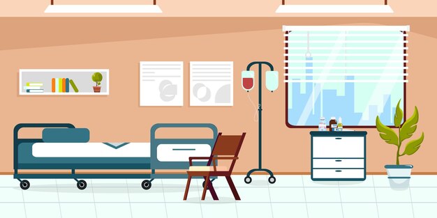 Ilustración vectorial de hospitales interiores modernos Interior de dibujos animados con estante de cama con libros, silla, botiquines, ventana con cuentagotas y acceso a la ciudad