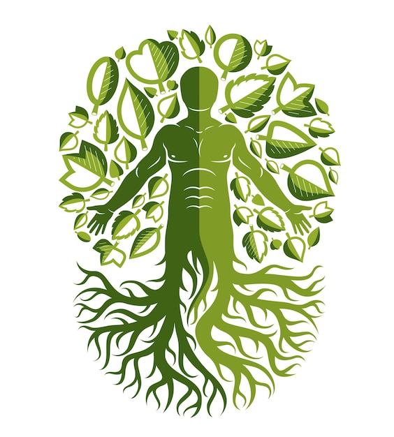 Ilustración vectorial de humano, atleta creado como continuación de un árbol con fuertes raíces y rodeado de hojas verdes ecológicas. Tema de conservación del medio ambiente, metáfora de innovación verde.