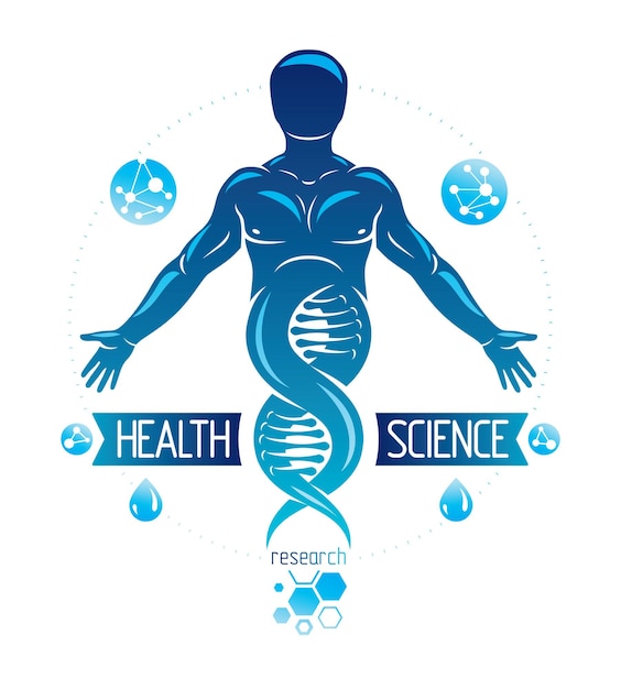 Ilustración vectorial de humano, atleta representado como continuación del símbolo de ADN y creado con conexiones de wireframe. Concepto de bioingeniería y genética.