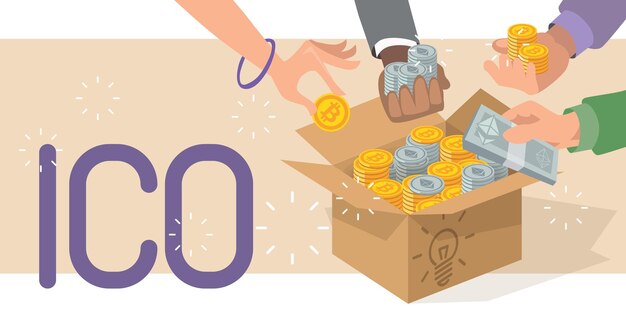 Ilustración vectorial de ICO Blockchain ICO Moneda inicial que ofrece tokens de ICO Financiamiento colectivo de inicio de TI Manos con bitcoin y ethereum Caja de cartón con efectivo