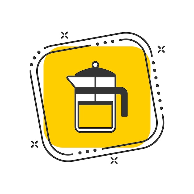 Ilustración vectorial del icono de la cafetera de dibujos animados Cafetera en un fondo cuadrado amarillo aislado Concepto del letrero de la tetera