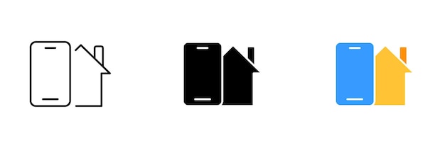 Una ilustración vectorial de un icono de casa y un icono de teléfono móvil con pantalla táctil Conjunto vectorial de iconos en línea estilos negros y coloridos aislados