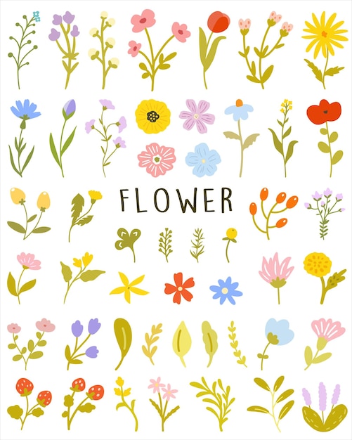 Ilustración vectorial icono dibujo a mano libre en estilo plano patrón conjunto de flores de verano