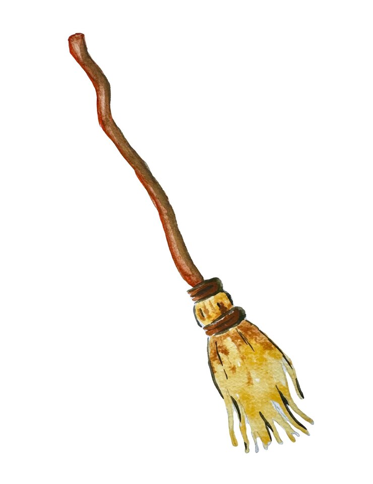 Vector ilustración vectorial del icono del palo de la escoba de la bruja en acuarela