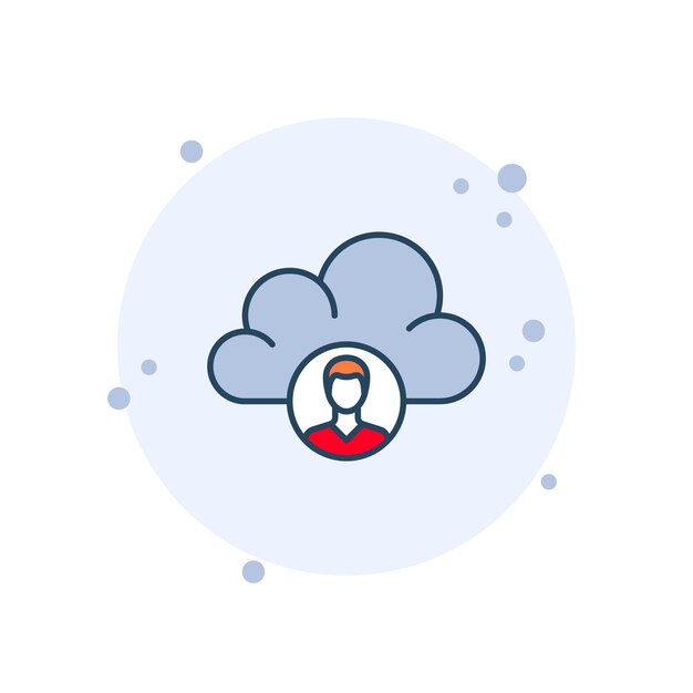 Ilustración vectorial de icono de servicio de nube de dibujos animados Nube con perfil de usuario en fondo de burbujas Concepto de signo de conexión en línea