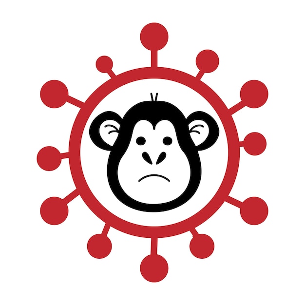 Vector ilustración vectorial del ícono del simio mono en la célula roja del virus símbolo de peligro monkeypox 2022