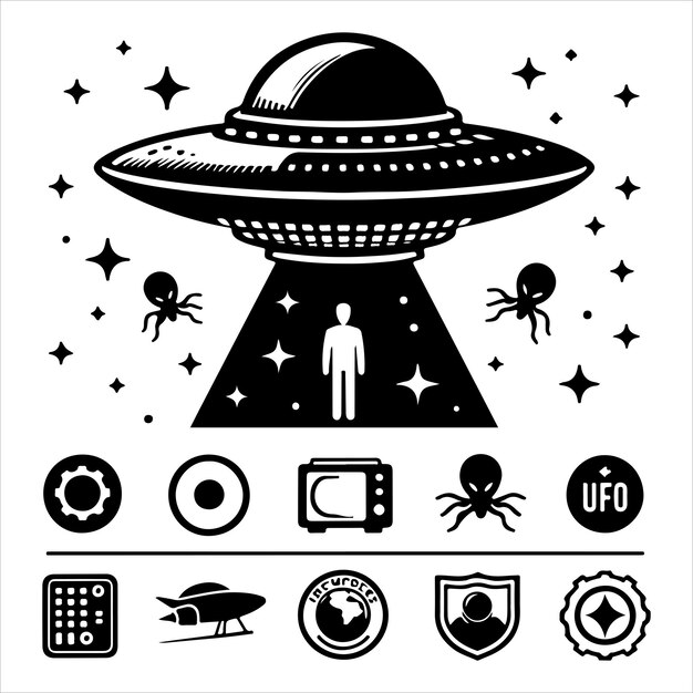 Ilustración vectorial de íconos aislados de ovnis en blanco y negro