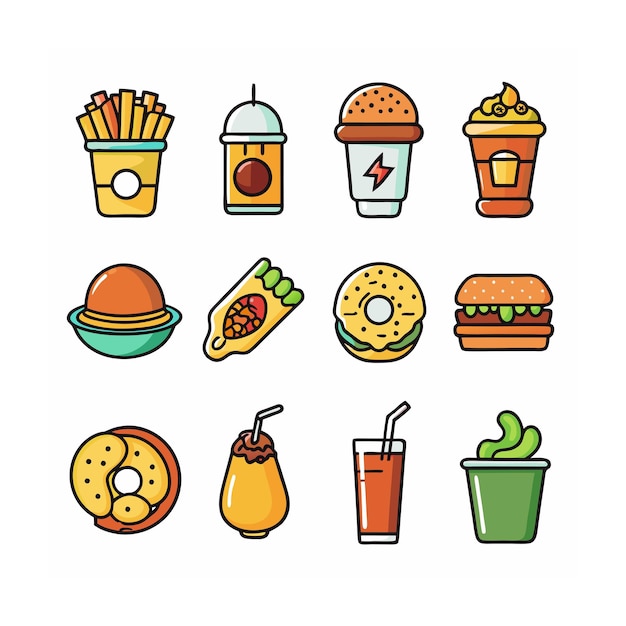 Ilustración vectorial de iconos de alimentos y bebidas para documentos, sitios web y aplicaciones móviles