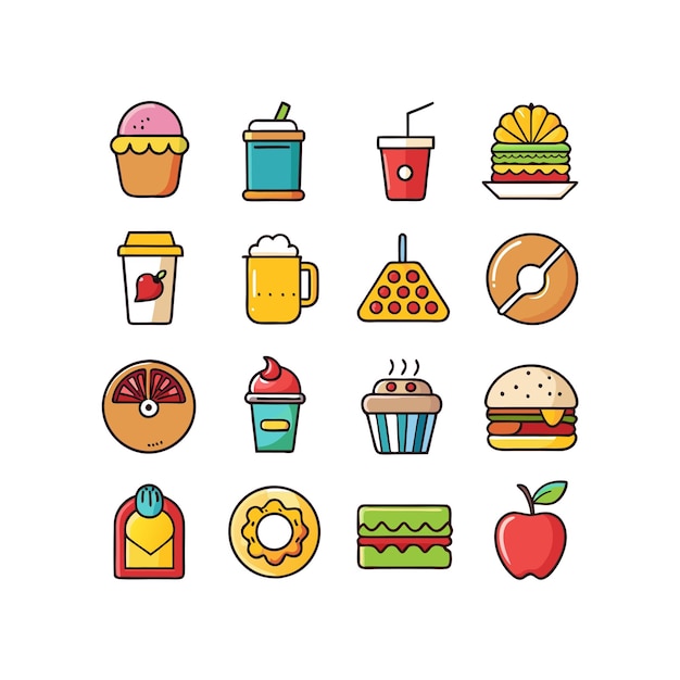 Ilustración vectorial de iconos de alimentos y bebidas para documentos, sitios web y aplicaciones móviles