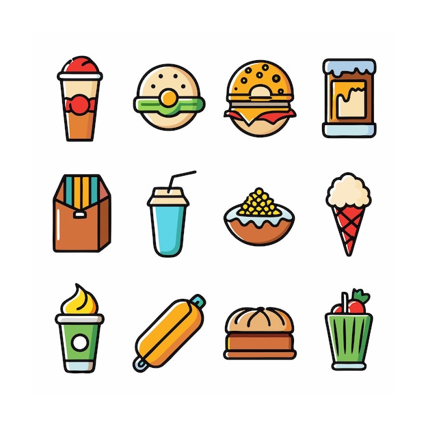 Ilustración vectorial de iconos de alimentos y bebidas para documentos, sitios web y aplicaciones móviles