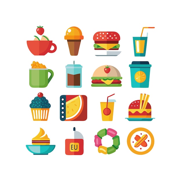 Ilustración vectorial de iconos de alimentos y bebidas para documentos, sitios web y aplicaciones móviles