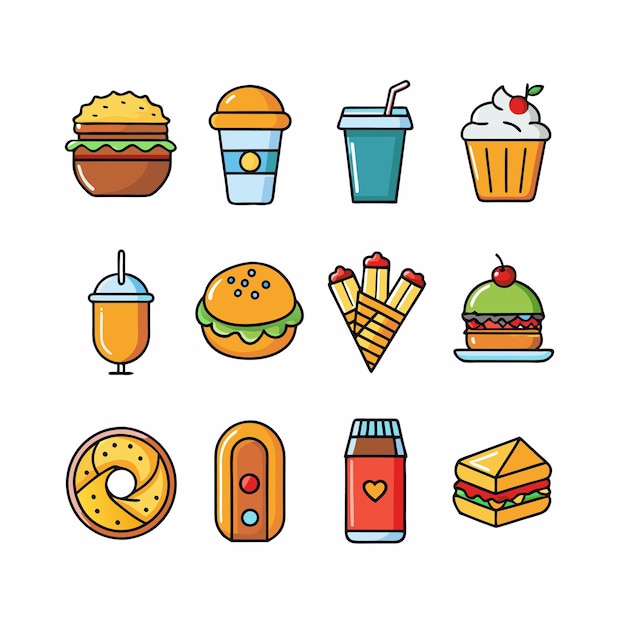 Ilustración vectorial de iconos de alimentos y bebidas para documentos, sitios web y aplicaciones móviles