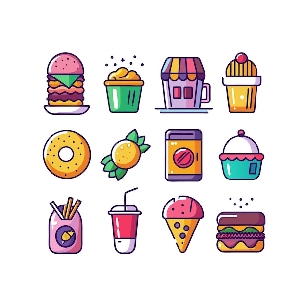 Ilustración vectorial de iconos de alimentos y bebidas para documentos, sitios web y aplicaciones móviles