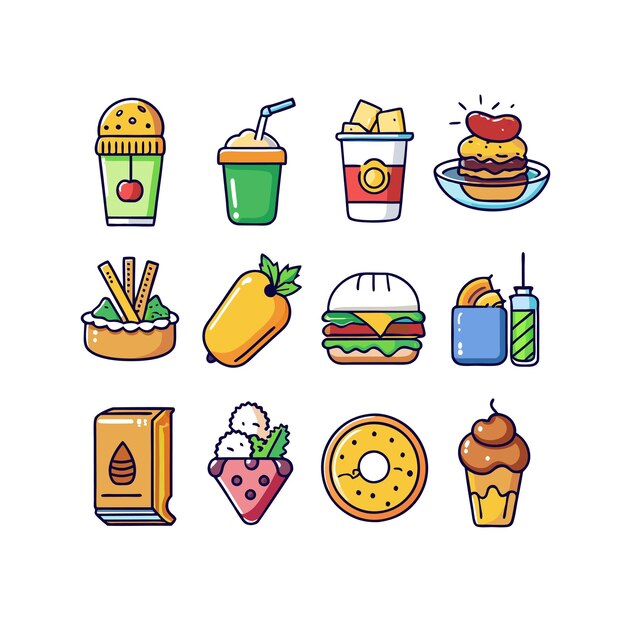 Ilustración vectorial de iconos de alimentos y bebidas para documentos, sitios web y aplicaciones móviles