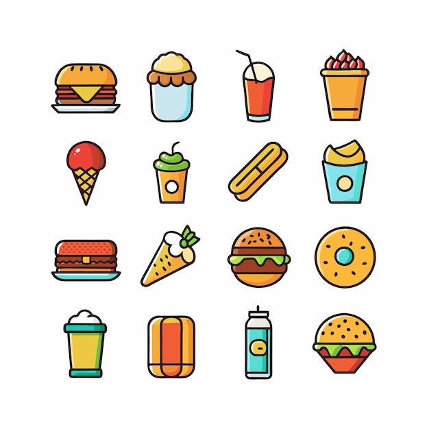 Ilustración vectorial de iconos de alimentos y bebidas para documentos, sitios web y aplicaciones móviles