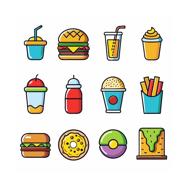 Ilustración vectorial de iconos de alimentos y bebidas para documentos, sitios web y aplicaciones móviles