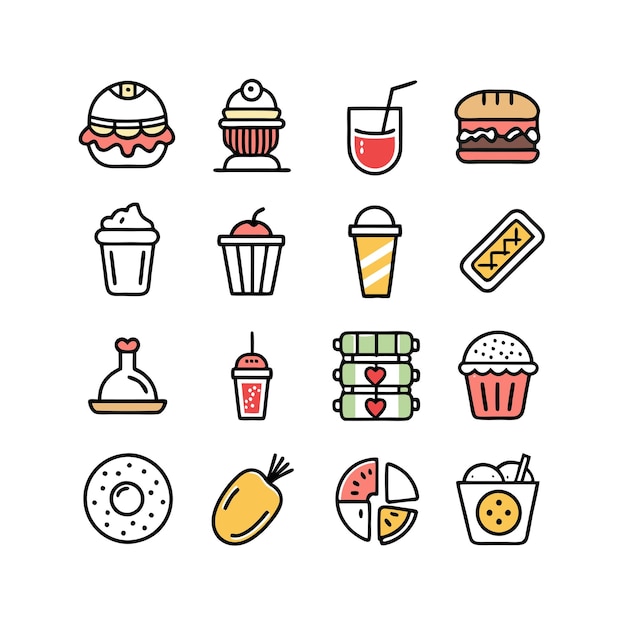 Ilustración vectorial de iconos de alimentos y bebidas para documentos, sitios web y aplicaciones móviles