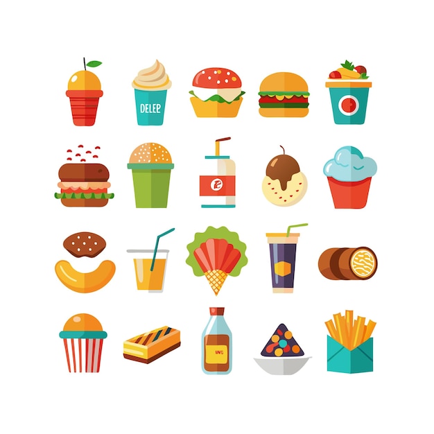 Ilustración vectorial de iconos de alimentos y bebidas para documentos, sitios web y aplicaciones móviles