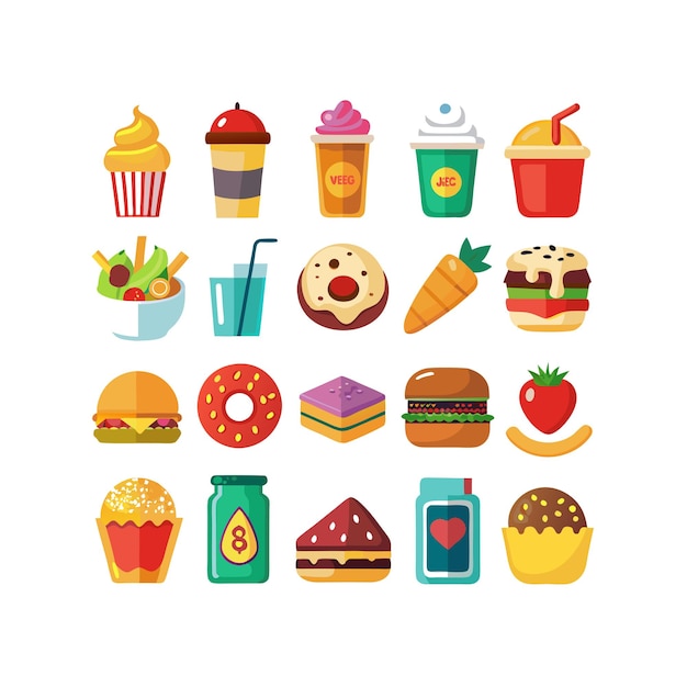 Ilustración vectorial de iconos de alimentos y bebidas para documentos, sitios web y aplicaciones móviles