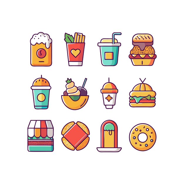 Ilustración vectorial de iconos de alimentos y bebidas para documentos, sitios web y aplicaciones móviles