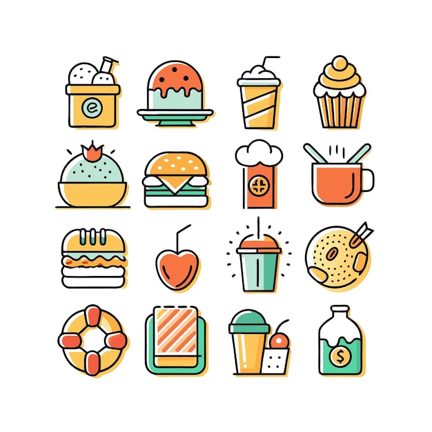 Ilustración vectorial de iconos de alimentos y bebidas para documentos, sitios web y aplicaciones móviles