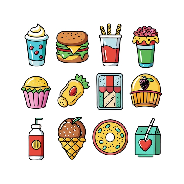 Ilustración vectorial de iconos de alimentos y bebidas para documentos, sitios web y aplicaciones móviles