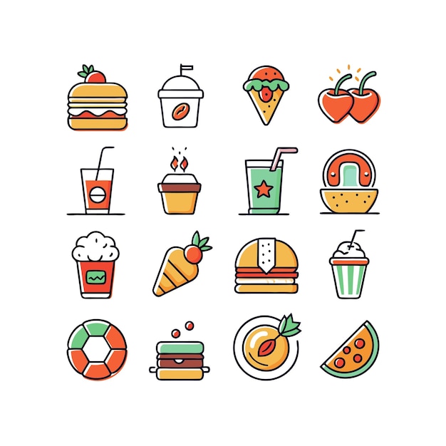 Ilustración vectorial de iconos de alimentos y bebidas para documentos, sitios web y aplicaciones móviles