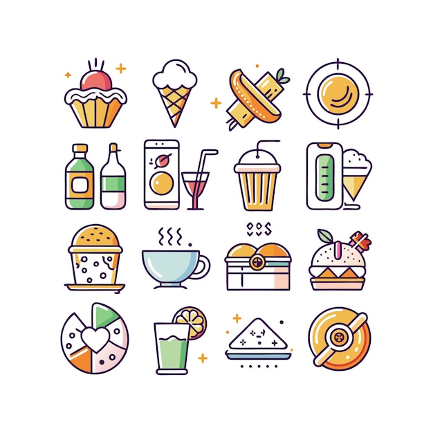 Ilustración vectorial de iconos de alimentos y bebidas para documentos, sitios web y aplicaciones móviles
