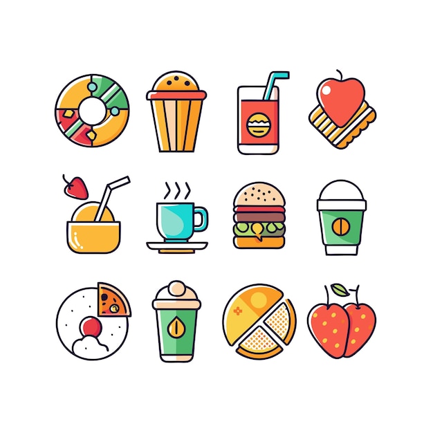 Ilustración vectorial de iconos de alimentos y bebidas para documentos, sitios web y aplicaciones móviles