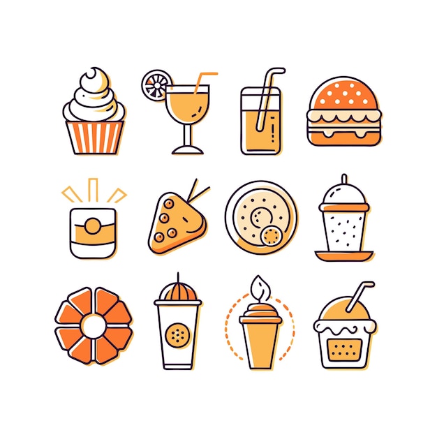 Ilustración vectorial de iconos de alimentos y bebidas para documentos, sitios web y aplicaciones móviles