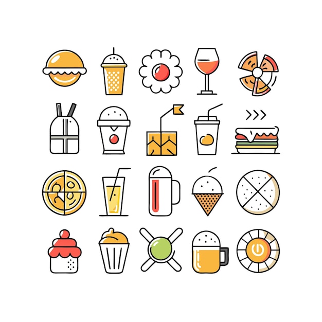 Ilustración vectorial de iconos de alimentos y bebidas para documentos, sitios web y aplicaciones móviles