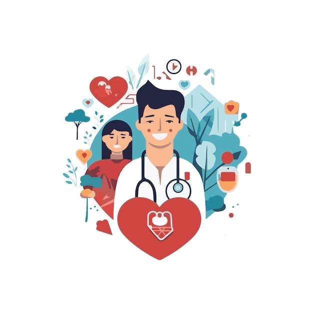 Vector ilustración vectorial de iconos de colores planos con sombras largas fondo de medicina abstracta con píldoras de médico de salud médica símbolos cruzados elementos de diseño para aplicaciones web móviles