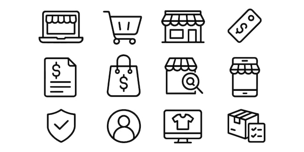 Ilustración vectorial de iconos de comercio electrónico que muestran actividades de compras y transacciones en línea