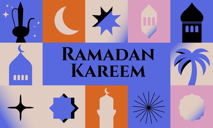 Ilustración vectorial con iconos geométricos para las vacaciones de Ramadán Kareem Banner con símbolos islámicos