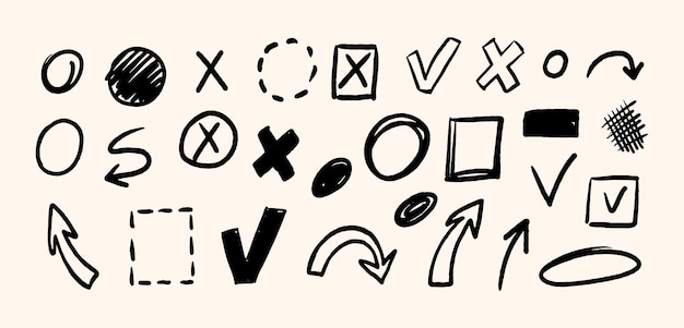 Ilustración vectorial de iconos de marcadores dibujados a mano con marcas de comprobación cruces flechas y círculos