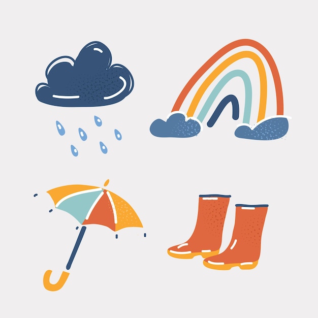 Ilustración vectorial de iconos meteorológicos Nube lluviosa arco iris paraguas zapatos de goma en blanco