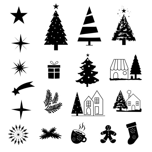 Ilustración vectorial de iconos de Navidad en blanco y negro