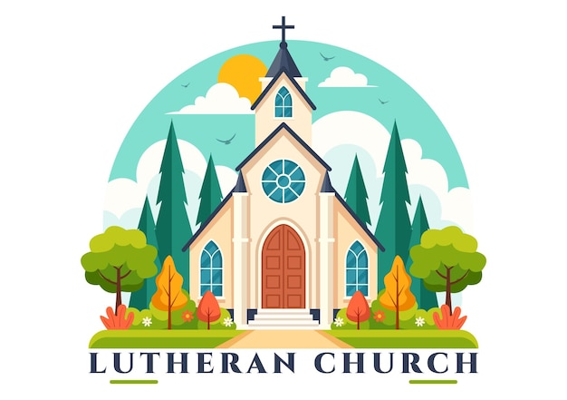 Ilustración vectorial de la iglesia luterana con un edificio del templo de la catedral y la arquitectura religiosa cristiana en un fondo plano de estilo de dibujos animados