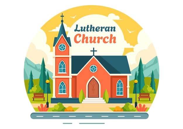Ilustración vectorial de la iglesia luterana con un edificio del templo de la catedral y la arquitectura religiosa cristiana en un fondo plano de estilo de dibujos animados