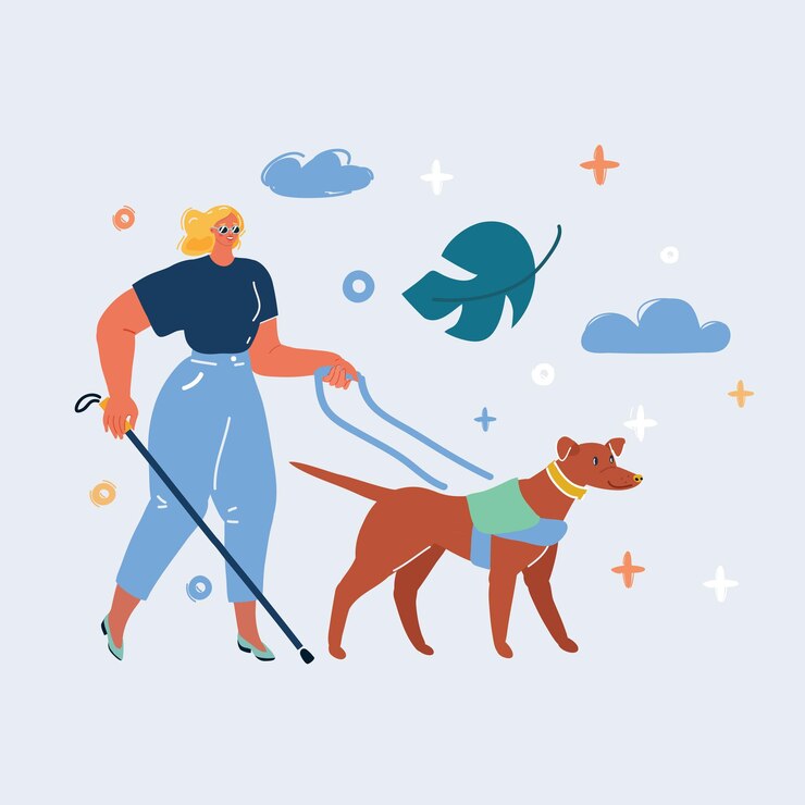 Vector ilustración vectorial de ilustración de una mujer ciega guiada por un perro