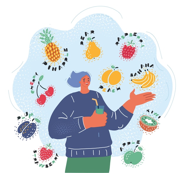 Ilustración vectorial de la imagen de una mujer con un vaso de batido saludable y diferentes frutas a su alrededor