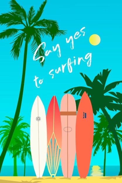 Ilustración vectorial la imagen de las tablas de surf en el fondo de un paisaje tropical