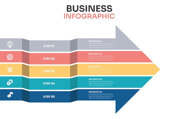 Ilustración vectorial Infografía de flecha larga de 5 pasos Infografía de objetivos con diferentes detalles