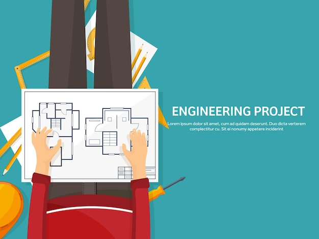 Ilustración vectorial ingeniería y arquitectura dibujo construcción diseño de proyectos arquitectónicos