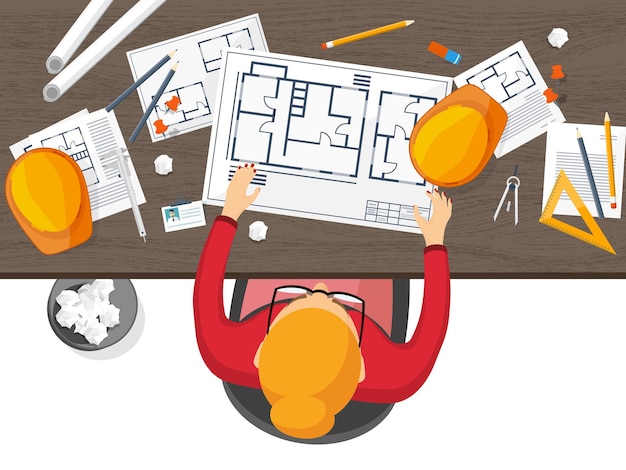 Ilustración vectorial ingeniería y arquitectura dibujo construcción diseño de proyectos arquitectónicos