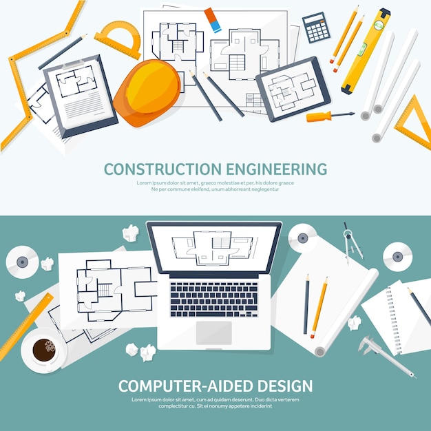 Ilustración vectorial de ingeniería y arquitectura dibujo y proyecto arquitectónico de construcción